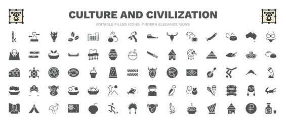 set of culture and civilization filled icons. culture and civilization glyph icons such as native american flute, horse head, female bikini piece, calumet, native american mask, beef and garlic,
