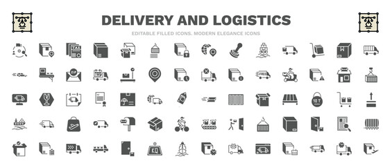 set of delivery and logistics filled icons. delivery and logistics glyph icons such as supply chain, tax free, cargo bus, delivery by motorcycle, express mail, postbox, list, scheduled, by plane