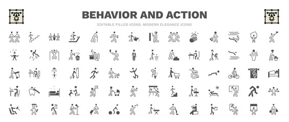 set of behavior and action filled icons. behavior and action glyph icons such as two men meeting, three men conference, man taking a selfie, engineer working, man at restroom, man with flag, stick