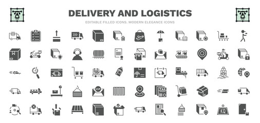 Fototapeta na wymiar set of delivery and logistics filled icons. delivery and logistics glyph icons such as logistic, side up, delivery list, cart, conveyor, logistic protection, zip code, unpacking, on door vector.