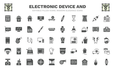 set of electronic device and filled icons. electronic device and glyph icons such as ssd, rice cooker, laser hine, sound card, phones, trash compactor, smoke detector, weighing, smartwatch vector.