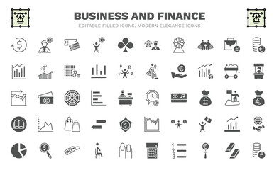 set of business and finance filled icons. business and finance glyph icons such as return of investment, credit card and ticket, ferris wheels, measure success, dual chart, dollar on business time,