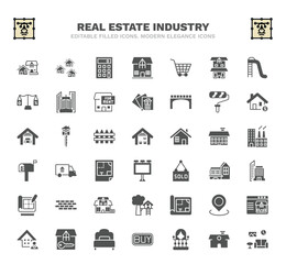 set of real estate industry filled icons. real estate industry glyph icons such as houses, calculate, shopping, paint roll, storehouse, moving truck, office building, blueprint, bedroom vector.