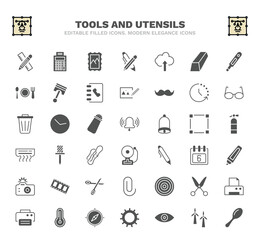 set of tools and utensils filled icons. tools and utensils glyph icons such as carpentry, postage, up arrow and cloud, time left, ringing, auger, highlight, target circles, cardinal points vector.