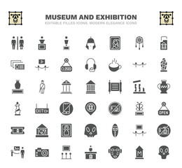 set of museum and exhibition filled icons. museum and exhibition glyph icons such as restroom, bust, gioconda, museum fencing, modern art, exit, open, mask, exhibition vector.