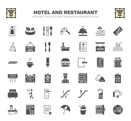 set of hotel and restaurant filled icons. hotel and restaurant glyph icons such as lotion, restaurant, reception bell, hotel, cheese burger, suits, menu, or, reservation vector.