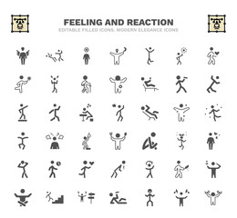 set of feeling and reaction filled icons. feeling and reaction glyph icons such as fantastic human, incomplete human, happy human, drained annoyed frustrated emotional irritated lost vector.