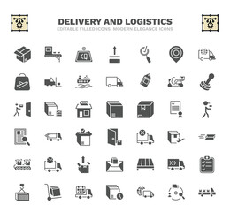 set of delivery and logistics filled icons. delivery and logistics glyph icons such as parcel, weight, inspection, scooter delivery, packages, shipping, express mail, pallet, date vector.