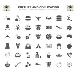 set of culture and civilization filled icons. culture and civilization glyph icons such as steamed bread, corn with pine, australian alligator, knife in sheath, australian koala, horse head,