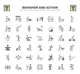 set of behavior and action filled icons. behavior and action glyph icons such as engineer working, watering plants, man bathing, man painting wall, headfirst to water, man travelling, with flag,