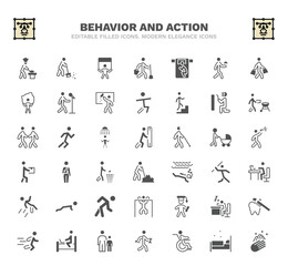set of behavior and action filled icons. behavior and action glyph icons such as man cooking, man with banner, man sleeping, welding, pushing, fracture arm, eating, stick graduated, child with