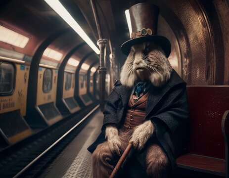 Fantasy creepy mad hatter rabbit or hare in the tube, strange disturbing scary hairy creature in the subway, dream, nightmare animal character with hat waiting for the metro, made with AI Generative 