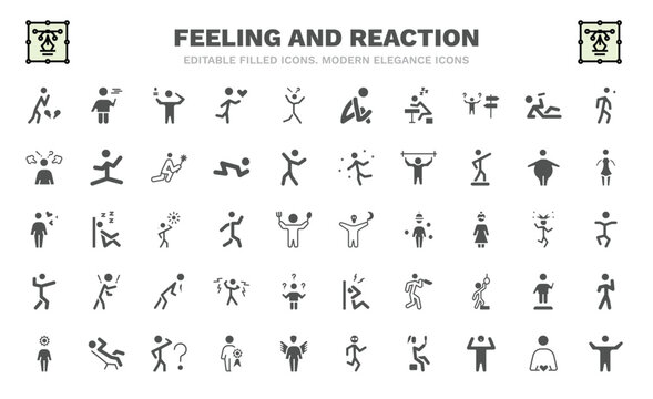 set of feeling and reaction filled icons. feeling and reaction glyph icons such as heartbroken human, inspired human, lazy human, frustrated emotional horrible amazing incomplete awesome vector.
