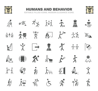 set of humans and behavior filled icons. humans and behavior glyph icons such as broken leg, helping, playing with a ball, fighting, kitchen chef, smartphone call, first prize, come in, fitness