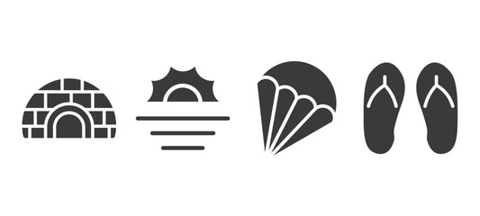 set of travel and trip filled icons. travel and trip glyph icons included igloo, sun, parasailing, flip flop vector.