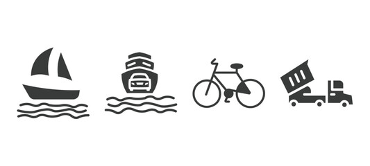Obraz premium set of transportation filled icons. transportation glyph icons included sail boat, ferry carrying cars, bicycle side view, heavy vehicle vector.