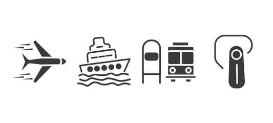 set of transportation filled icons. transportation glyph icons included airplane flying, ferry, scholar bus stop, hands free device vector. © Abstract