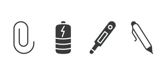 set of tools and utensils filled icons. tools and utensils glyph icons included attachments, charged battery, body thermometer, ink pen vector.