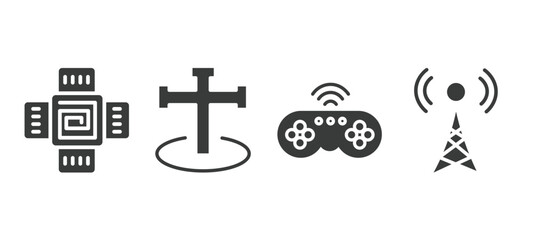 set of technology filled icons. technology glyph icons included naensor, cross stuck in ground, wireless gadget, cell tower vector.