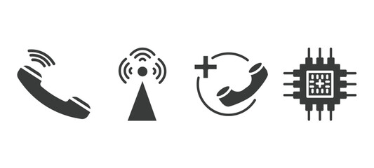 set of technology filled icons. technology glyph icons included telephone receiver, cell tower, hospital phone, big chip vector. - obrazy, fototapety, plakaty