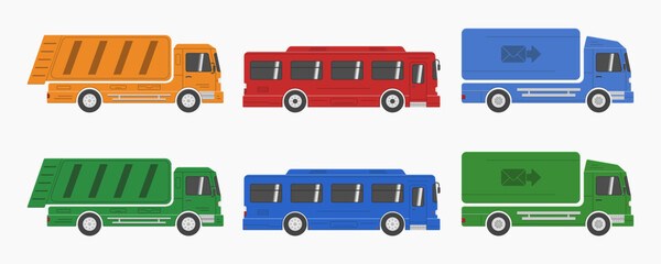 city servise car truck bus set vector flat illustration