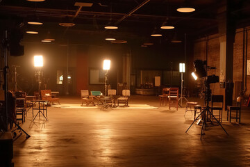 Empty movie set with cameras, lights and props - obrazy, fototapety, plakaty