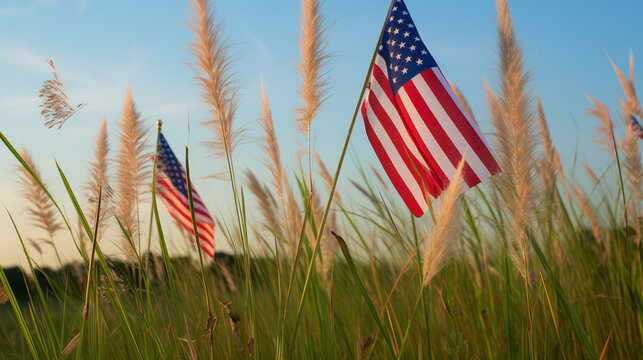 A beautiful image of a grass field with the American flag, perfect for celebrating 4th of July.