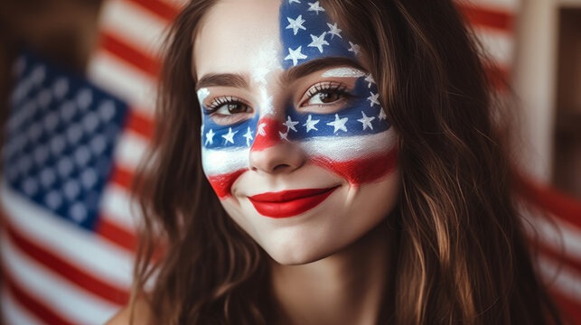 Face of a woman celebrating 4th of July with make-up designed in the iconic American flag. 