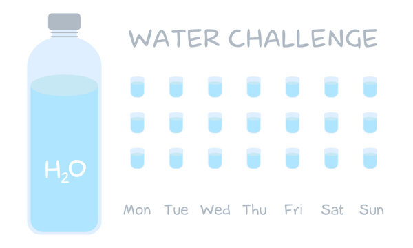 Water Challenge Calendar. Water Balance Calendar. Water weekly Tracker. From Monday to Sunday. Hydration Challenge. Flat vector illustration. Drinking water checklist with bottle and cups.