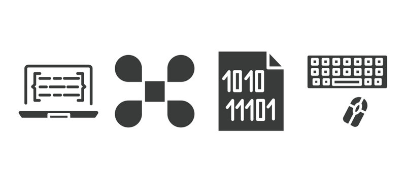 set of information technology filled icons. information technology glyph icons included code listing, command, binary file, keyboard and mouse vector.