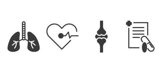 set of medical filled icons. medical glyph icons included lungs, cardiogram, knee, prescription vector.