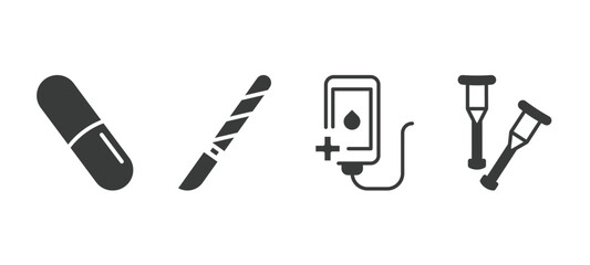 set of medical filled icons. medical glyph icons included pill, scalpel, transfusion, crutch vector.
