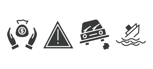 set of insurance and coverage filled icons. insurance and coverage glyph icons included savings, disaster, stone on the road, sinking vector.