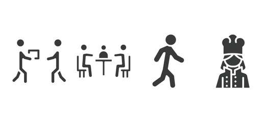 set of humans and behavior filled icons. humans and behavior glyph icons included give over, business meeting, walk, woman cooking vector.