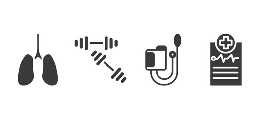 set of health and medical filled icons. health and medical glyph icons included lung, dumbbells, sphygmomanometer, medical report vector.