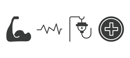 set of health and medical filled icons. health and medical glyph icons included biceps, pulse, saline, injury vector.