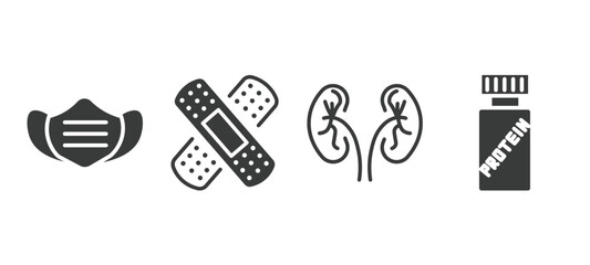 set of health and medical filled icons. health and medical glyph icons included medical mask, band aid, urology, proteins vector.
