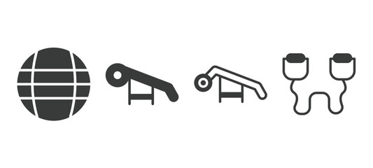 set of fitness and gym filled icons. fitness and gym glyph icons included power ball, press simulator, simulator for press, resistance band vector.
