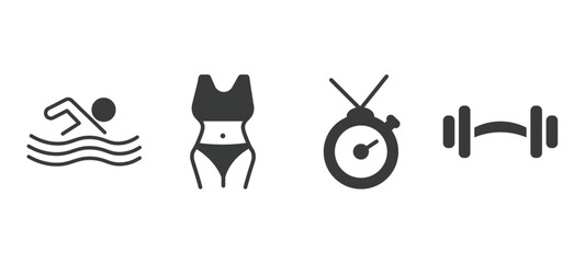 set of fitness and gym filled icons. fitness and gym glyph icons included man swimming, fitness body, training watch, barbell weightlifting vector.