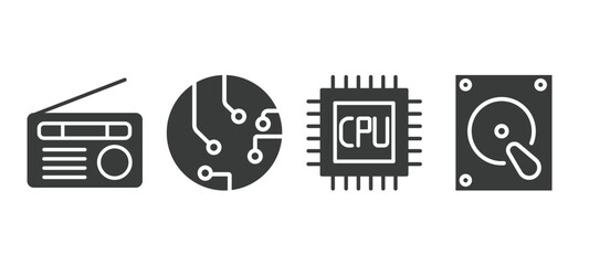 set of hardware and equipment filled icons. hardware and equipment glyph icons included fm radio, circuits, gpu, harddrive vector.