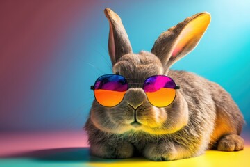 Funny and cute bunny with big sunglasses, isolated on a colorful background.