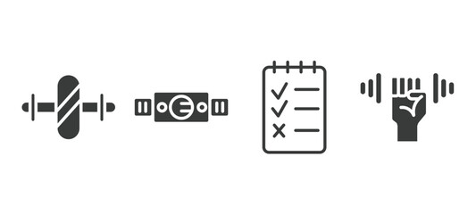 set of fitness and gym filled icons. fitness and gym glyph icons included gymnastic roller, fitness belt, to do list, dumbbells exercise vector.