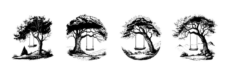 The swing on the tree is drawn with a pencil on a white background. Engraved drawing. Black and white style. Rope swing. Doodle. Vector illustration