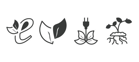 set of ecology filled icons. ecology glyph icons included eco e, two leaves, save energy, growing plant vector.