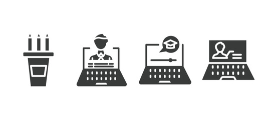 set of distance learning filled icons. distance learning glyph icons included pencil box, distance teacher, e learning, computer-based training vector.