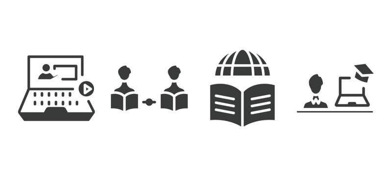 set of distance learning filled icons. distance learning glyph icons included video tutorial, asynchronous learning, instructor vector.