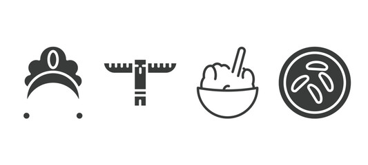 set of culture and civilization filled icons. culture and civilization glyph icons included kokoshnik, native american totem, rice pudding, sweet and sour pork vector.