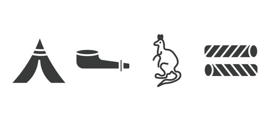 set of culture and civilization filled icons. culture and civilization glyph icons included native american wigwam, pipe of peace, australian kangaroo, egg roll vector. © Abstract