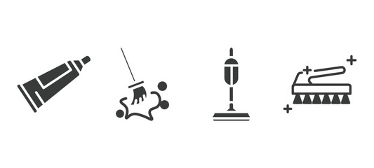 set of cleaning filled icons. cleaning glyph icons included toothpaste, wiping swipe for floors, vacuum, brush cleanin vector.