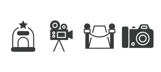 set of cinema and theater filled icons. cinema and theater glyph icons included cinema ticket window, movie camera, red carpet, dslr camera vector.